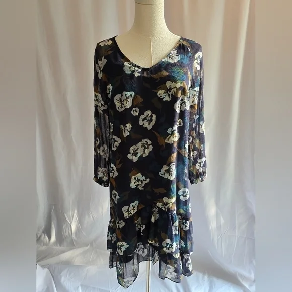 Cabi Pirouette Floral V-Neck Shift Dress Long-Sleeve Ruffle Hem Blue Multi Sz XS - Picture 1 of 14